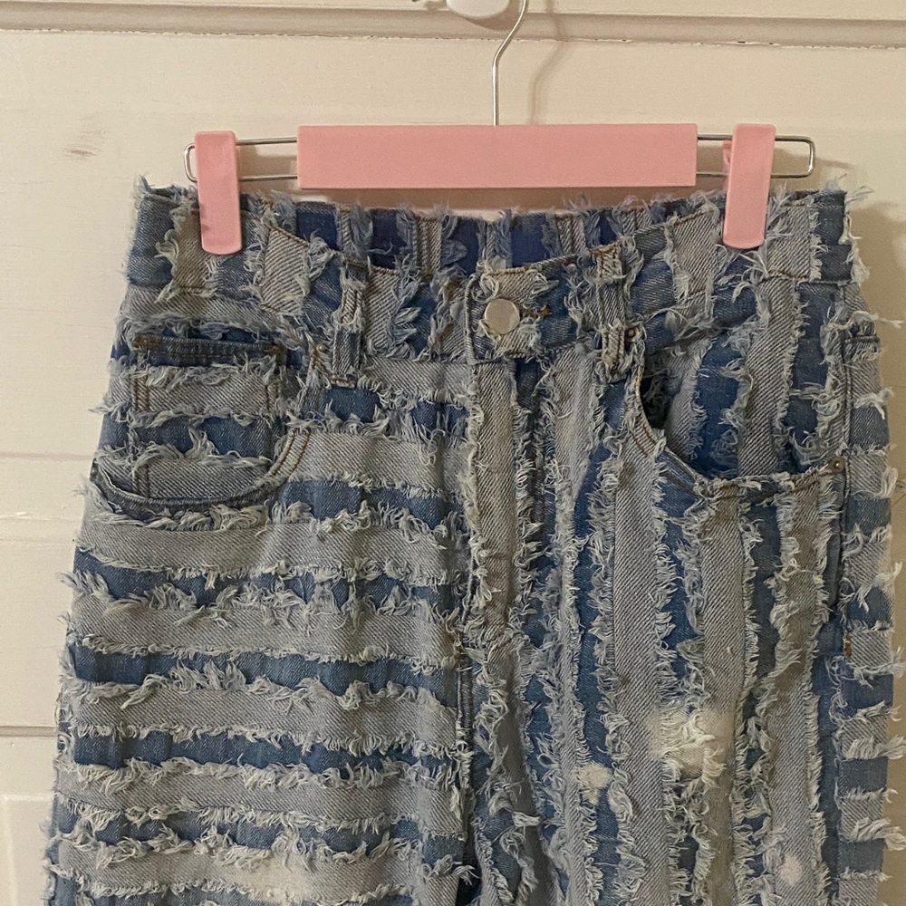 Oli & Hali Distressed Raw Edge Patchwork Denim Wide Leg Jeans - Picture 2 of 9